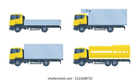 Conjunto de diferentes camiones. Ilustración vectorial.