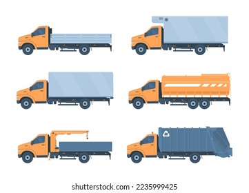 Conjunto de diferentes camiones. Ilustración vectorial.