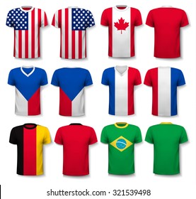 Set of different T-shirts with prints of world flags. Vector.