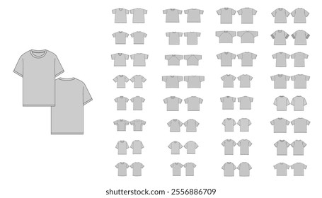 Set of Different T-Shirts Template - Technical Flat Drawing of Basic Tshirts V-neck Tee Shirt Design - Boxy T-Shirt Technical Illustration - Unisex Fitted Tee Shirt Vector Front and Back Views 