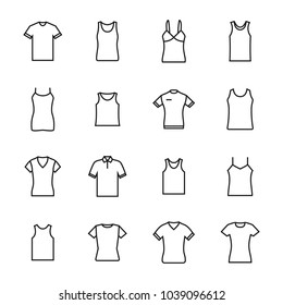 Set of different t-shirts from thin lines isolated on white background. Design element outerwear and article of clothing, vector illustration.