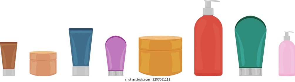 Set with different tubes and jars for creams. A set of creams for the skin, face, hands, body. Vector illustration Cosmetics