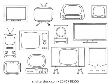 Set of different TVs as background. Freehand drawing. Doodle. Hand Drawn. Outline.	