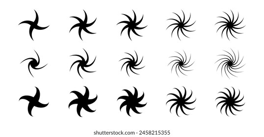 Set of different twist and swirl symbols. Black twirl and rotating lines collection. Circular radial revolving whirlwind element bundle for graphic design. Tornado and whirlpool effect pack. Vector