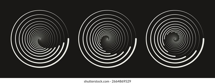 Satz von verschiedenen verdrillten Geschwindigkeitslinien in Kreisform. Abstrakte geometrische Kreise mit rotierenden radialen Linien, die aus einem Abschnitt bestehen. Gestaltungselement für Logo, Drucke, Schablone oder Poster