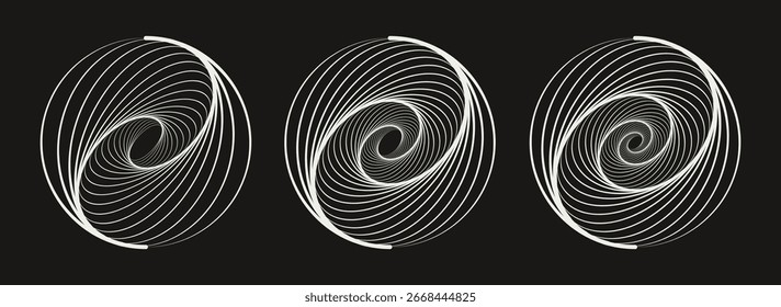 Set of different twisted speed lines in circle form. Abstract geometric circles with rotating radial lines who consisting of two sections. Design element for logo, prints, template or posters