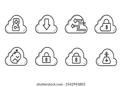 Conjunto de diferentes tipos de AutoSync Cloud Drive 8 piezas Solo línea delgada, color negro sólido, sin sombra