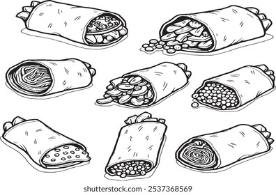 Set of Different Type of Burritos 8Pcs Only Thin line, Solib Black Color, Without shadow