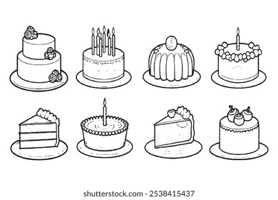 Set of Different type of Cake 8 pcs Only thin line, Solid Black color, without shadow