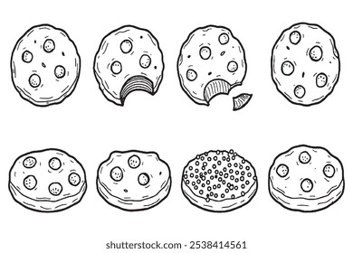 Set of Different type of chocolate chip cookies 8 pcs Only thin line, Solid Black color, without shadow 