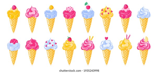 Set of different type and color of ice cream cone or sundae.