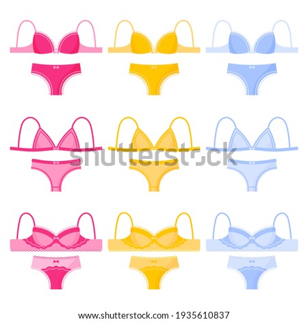 Set of different type and color of women's lingerie: panties and bras.