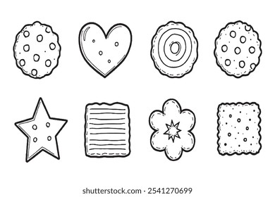 Set of Different type of cookies 8 pcs Only thin line, Solid Black color, without shadow