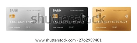 Set of different type credit card mockup. Silver, gold, and platinum debit card design template.