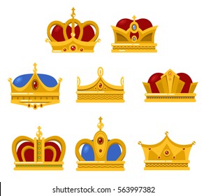 Set of different type crowns for king and queen, prince and princes. Pope tiara and monarch vintage headdress. Game award and jewelry sign, isolated medieval or victorian emperor diadem.