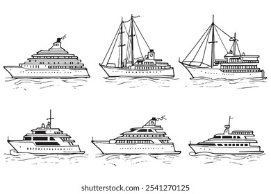 Set of Different type of crusie boat 8pcs Only thin line, Solid Black color, without shadow
