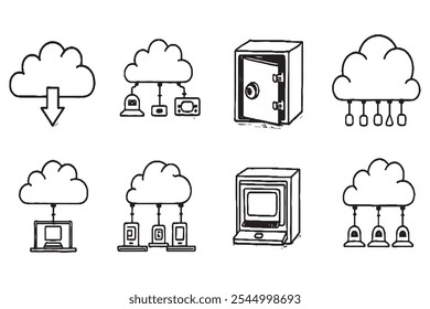 Set of Different type of DataCloud Backup System 8 pcs Only thin line, Solid Black color, without shadow