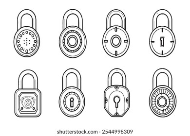 Conjunto de diferentes tipos de DigiLock Smart Padlock 8 piezas Solo línea delgada, color negro sólido, sin sombra