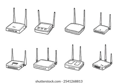 Set of Different type of EtherWave RouterSystem 8 pcs Only thin line, Solid Black color, without shadow
