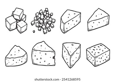 Conjunto de diferentes tipos de Feta 8 piezas solo línea delgada, color negro sólido, sin sombra