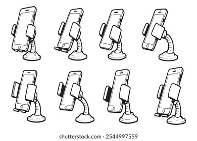 Set of Different type of FlexiGrip Smartphone Holder 8 pcs Only thin line, Solid Black color, without shadow