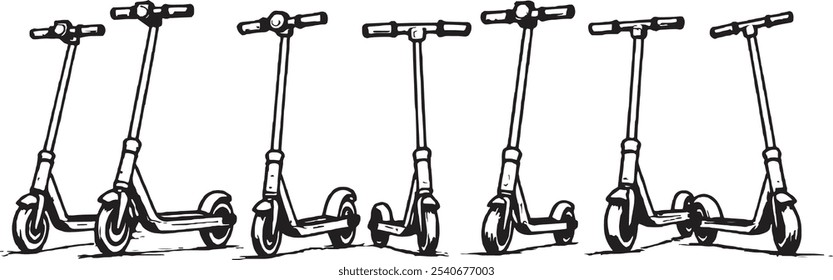 Set of Different Type of FlexiRide Electric Scooter 8Pcs Only Thin line, Solib Black Color, Without shadow_