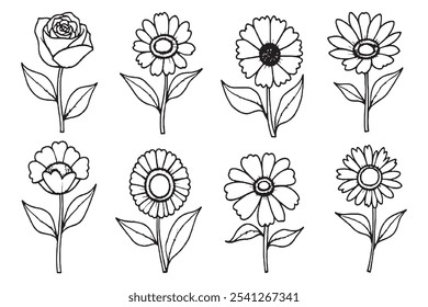 Set of Different type of Floral 8 pcs Only thin line, Solid Black color, without shadow