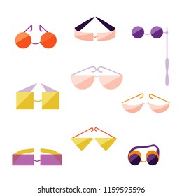 Set with Different Type of Glasses. Flat Style Glasses for Various Purposes. Sunglasses, Spectacles, Pinhole Glasses, Welding Goggles Isolated on White Background. Vector EPS 10 Illustration.