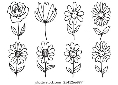 Conjunto de diferentes tipos de Clipart de flores dibujado a mano Tee 8 piezas Solo línea delgada, color negro sólido, sin sombra