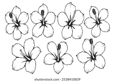 Set of Different type of Hawaiian flower 8 pcs Only thin line, Solid Black color, without shadow