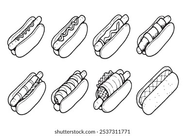 Set of Different type of Hot Dog 8 pcs Only thin line, Solid Black color, without shadow