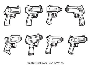 Set of Different type of HydroJet Water Gun 8 pcs Only thin line, Solid Black color, without shadow