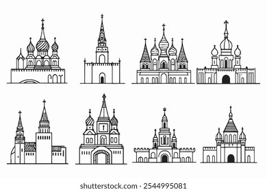 Set of Different type of kremlin and red square 8 pcs Only thin line, Solid Black color, without shadow