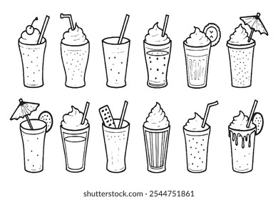 Set of Different type of Milkshake 8 pcs Only thin line, Solid Black color, without shadow