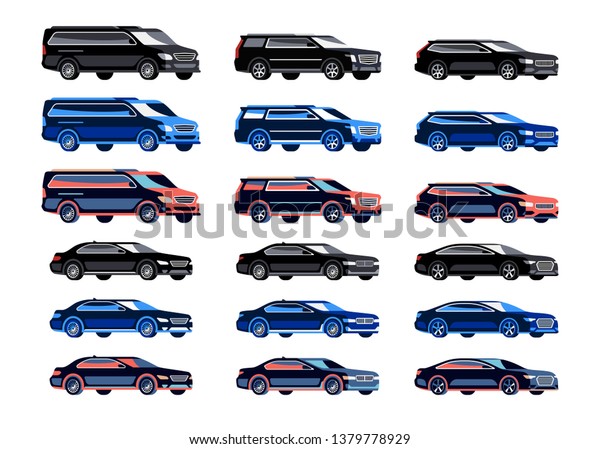 Set of different type modern cars\
vehicles. Colorful suv sedan and van vector illustration\
