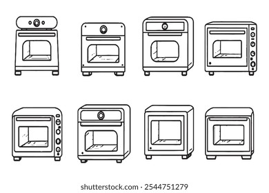 Conjunto de diferentes tipos de NanoBake Smart Oven 8 piezas solo línea delgada, color negro sólido, sin sombra