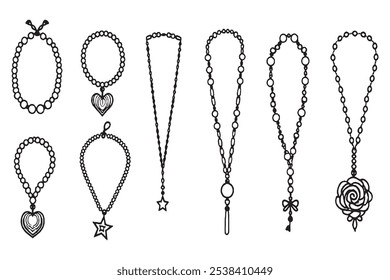 Conjunto de diferentes tipos de collar 8 piezas solo línea delgada, color negro sólido, sin sombra