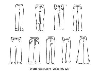 Set of Different type of pant 8pcs Only thin line, Solid Black color, without shadow