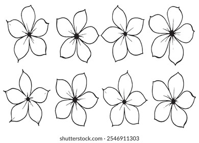Set of Different type of Plumeria 8 pcs Only thin line, Solid Black color, without shadow