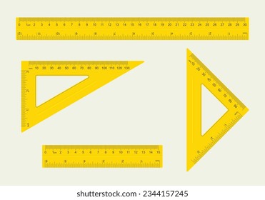 Set of different type of ruler, yellow ruler with measure in centimeters, inches and millimeters. Vector collection.