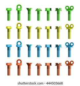 Set of different type screws. Set of hardware vector illustrations. Fasteners for mechanical sketch. 