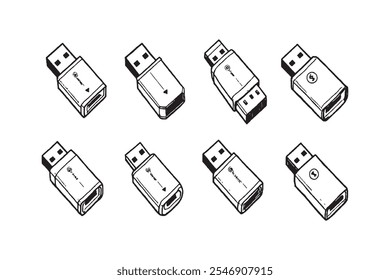 Conjunto de diferentes tipos de SecureVault USB 8 piezas solo línea delgada, color negro sólido, sin sombra