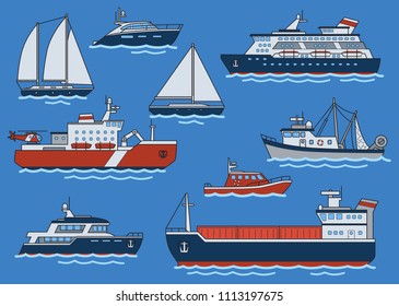 Set of different type ships and boats. Freighter, icebreaker, yacht, cruiser, trawler, speedboat. Flat vector illustration. Isolated on blue background