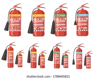 Set of different type and size fire extinguisher flat vector illustration isolated on white background fire safety first