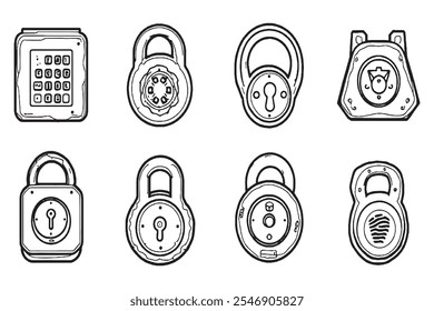 Conjunto de diferentes tipos de SmartSafe Digital Lock 8 piezas solo línea delgada, color negro sólido, sin sombra