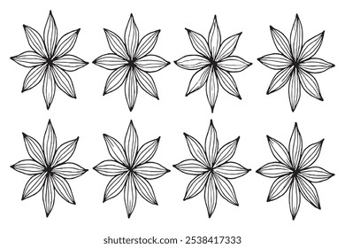 Set of Different type of star anis 8 pcs Only thin line, Solid Black color, without shadow