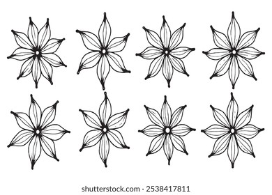 Set of Different type of star anis 8 pcs Only thin line, Solid Black color, without shadow