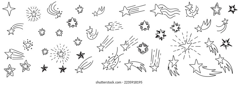 Conjunto de diferentes estrellas de tipo en estilo doodle. Ilustración vectorial.