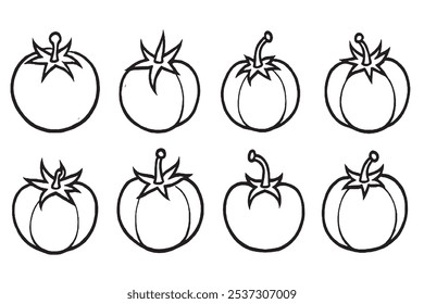 Set of Different type of Tomato 8 pcs Only thin line, Solid Black color, without shadow 