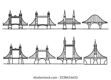 Set of Different type of tower bridge 8 pcs Only thin line, Solid Black color, without shadow